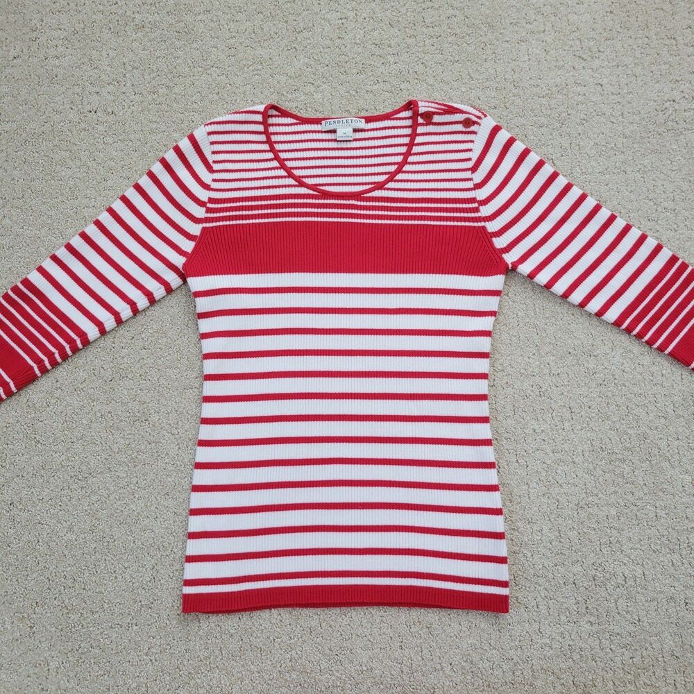 Pendleton Striped Top Preppy Twee Red White 3/4 Sleeve Coastal Petite Medium